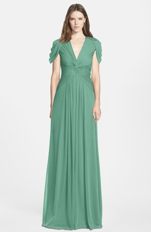 ColsBM Rosie Beryl Green Elegant A-line V-neck Short Sleeve Zip up Bridesmaid Dresses