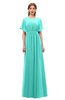 ColsBM Darcy Blue Turquoise Bridesmaid Dresses Pleated Modern Jewel Short Sleeve Lace up Floor Length