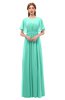 ColsBM Darcy Seafoam Green Bridesmaid Dresses Pleated Modern Jewel Short Sleeve Lace up Floor Length