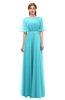 ColsBM Ricki Blue Radiance Bridesmaid Dresses Floor Length Zipper Elbow Length Sleeve Glamorous Pleated Jewel