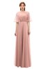 ColsBM Ricki Coral Almond Bridesmaid Dresses Floor Length Zipper Elbow Length Sleeve Glamorous Pleated Jewel