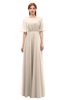 ColsBM Ricki Cream Tan Bridesmaid Dresses Floor Length Zipper Elbow Length Sleeve Glamorous Pleated Jewel