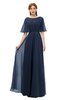 ColsBM Ricki Navy Blue Bridesmaid Dresses Floor Length Zipper Elbow Length Sleeve Glamorous Pleated Jewel