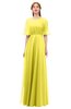 ColsBM Ricki Pale Yellow Bridesmaid Dresses Floor Length Zipper Elbow Length Sleeve Glamorous Pleated Jewel