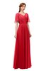 ColsBM Storm Red Bridesmaid Dresses Lace up V-neck Short Sleeve Floor Length A-line Glamorous