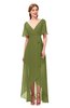 ColsBM Taegan Olive Green Bridesmaid Dresses Hi-Lo Ribbon Short Sleeve V-neck Modern A-line