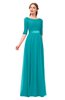 ColsBM Payton Teal Bridesmaid Dresses Sash A-line Modest Bateau Half Length Sleeve Zip up