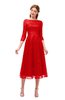 ColsBM Lauryn Red Bridesmaid Dresses A-line Lace Cute Tea Length Sabrina Three-fourths Length Sleeve