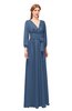 ColsBM Martha Blue Indigo Bridesmaid Dresses Floor Length Ruching Zip up V-neck Long Sleeve Glamorous