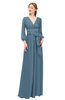 ColsBM Martha Copen Blue Bridesmaid Dresses Floor Length Ruching Zip up V-neck Long Sleeve Glamorous