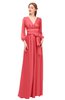 ColsBM Martha Coral Bridesmaid Dresses Floor Length Ruching Zip up V-neck Long Sleeve Glamorous