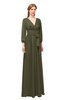 ColsBM Martha Dark Olive Bridesmaid Dresses Floor Length Ruching Zip up V-neck Long Sleeve Glamorous