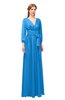ColsBM Martha French Blue Bridesmaid Dresses Floor Length Ruching Zip up V-neck Long Sleeve Glamorous