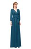 ColsBM Martha Moroccan Blue Bridesmaid Dresses Floor Length Ruching Zip up V-neck Long Sleeve Glamorous
