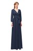 ColsBM Martha Navy Blue Bridesmaid Dresses Floor Length Ruching Zip up V-neck Long Sleeve Glamorous