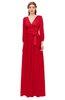 ColsBM Martha Red Bridesmaid Dresses Floor Length Ruching Zip up V-neck Long Sleeve Glamorous