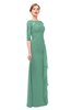 ColsBM Lorin Beryl Green Bridesmaid Dresses Column Floor Length Zipper Elbow Length Sleeve Lace Mature