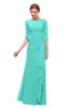ColsBM Lorin Blue Turquoise Bridesmaid Dresses Column Floor Length Zipper Elbow Length Sleeve Lace Mature