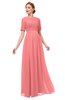 ColsBM Ansley Coral Bridesmaid Dresses Modest Lace Jewel A-line Elbow Length Sleeve Zip up