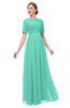 ColsBM Ansley Seafoam Green Bridesmaid Dresses Modest Lace Jewel A-line Elbow Length Sleeve Zip up