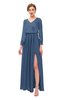 ColsBM Carey Blue Indigo Bridesmaid Dresses Long Sleeve A-line Glamorous Split-Front Floor Length V-neck