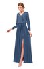 ColsBM Carey Blue Indigo Bridesmaid Dresses Long Sleeve A-line Glamorous Split-Front Floor Length V-neck