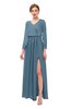 ColsBM Carey Copen Blue Bridesmaid Dresses Long Sleeve A-line Glamorous Split-Front Floor Length V-neck