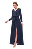ColsBM Carey Navy Blue Bridesmaid Dresses Long Sleeve A-line Glamorous Split-Front Floor Length V-neck