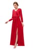 ColsBM Carey Red Bridesmaid Dresses Long Sleeve A-line Glamorous Split-Front Floor Length V-neck