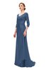 ColsBM Tatum Blue Indigo Bridesmaid Dresses Luxury Zipper Three-fourths Length Sleeve Brush Train Lace V-neck