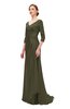 ColsBM Tatum Dark Olive Bridesmaid Dresses Luxury Zipper Three-fourths Length Sleeve Brush Train Lace V-neck