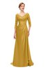 ColsBM Tatum Gold Bridesmaid Dresses Luxury Zipper Three-fourths Length Sleeve Brush Train Lace V-neck