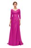 ColsBM Tatum Hot Pink Bridesmaid Dresses Luxury Zipper Three-fourths Length Sleeve Brush Train Lace V-neck