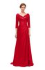 ColsBM Tatum Red Bridesmaid Dresses Luxury Zipper Three-fourths Length Sleeve Brush Train Lace V-neck