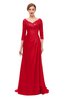 ColsBM Tatum Red Bridesmaid Dresses Luxury Zipper Three-fourths Length Sleeve Brush Train Lace V-neck