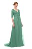 ColsBM Harper Beryl Green Bridesmaid Dresses Half Backless Elbow Length Sleeve Mature Sweep Train A-line V-neck