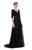 ColsBM Harper Black Bridesmaid Dresses Half Backless Elbow Length Sleeve Mature Sweep Train A-line V-neck