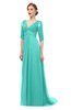 ColsBM Harper Blue Turquoise Bridesmaid Dresses Half Backless Elbow Length Sleeve Mature Sweep Train A-line V-neck