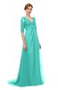 ColsBM Harper Blue Turquoise Bridesmaid Dresses Half Backless Elbow Length Sleeve Mature Sweep Train A-line V-neck
