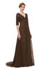ColsBM Harper Chocolate Brown Bridesmaid Dresses Half Backless Elbow Length Sleeve Mature Sweep Train A-line V-neck