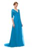 ColsBM Harper Cornflower Blue Bridesmaid Dresses Half Backless Elbow Length Sleeve Mature Sweep Train A-line V-neck