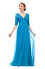 ColsBM Harper Cornflower Blue Bridesmaid Dresses Half Backless Elbow Length Sleeve Mature Sweep Train A-line V-neck