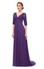 ColsBM Harper Dark Purple Bridesmaid Dresses Half Backless Elbow Length Sleeve Mature Sweep Train A-line V-neck
