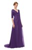 ColsBM Harper Dark Purple Bridesmaid Dresses Half Backless Elbow Length Sleeve Mature Sweep Train A-line V-neck