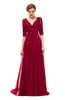 ColsBM Harper Dark Red Bridesmaid Dresses Half Backless Elbow Length Sleeve Mature Sweep Train A-line V-neck