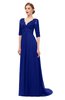 ColsBM Harper Electric Blue Bridesmaid Dresses Half Backless Elbow Length Sleeve Mature Sweep Train A-line V-neck