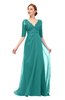 ColsBM Harper Emerald Green Bridesmaid Dresses Half Backless Elbow Length Sleeve Mature Sweep Train A-line V-neck