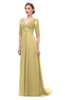 ColsBM Harper Gold Bridesmaid Dresses Half Backless Elbow Length Sleeve Mature Sweep Train A-line V-neck