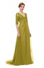 ColsBM Harper Golden Olive Bridesmaid Dresses Half Backless Elbow Length Sleeve Mature Sweep Train A-line V-neck