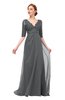 ColsBM Harper Grey Bridesmaid Dresses Half Backless Elbow Length Sleeve Mature Sweep Train A-line V-neck